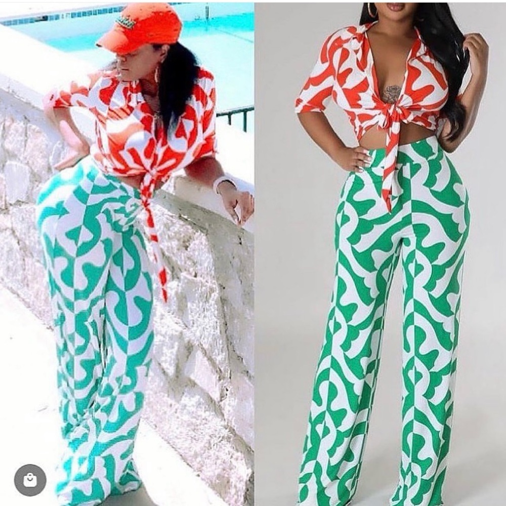 Stylish Green and Orange Patterned 2 piece Bel Bottoms Set